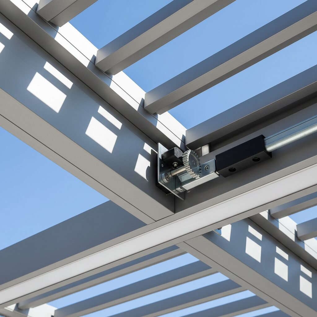 Les lames orientables d'une pergola bioclimatique permettent de moduler l'ombre et la ventilation sans intervention manu