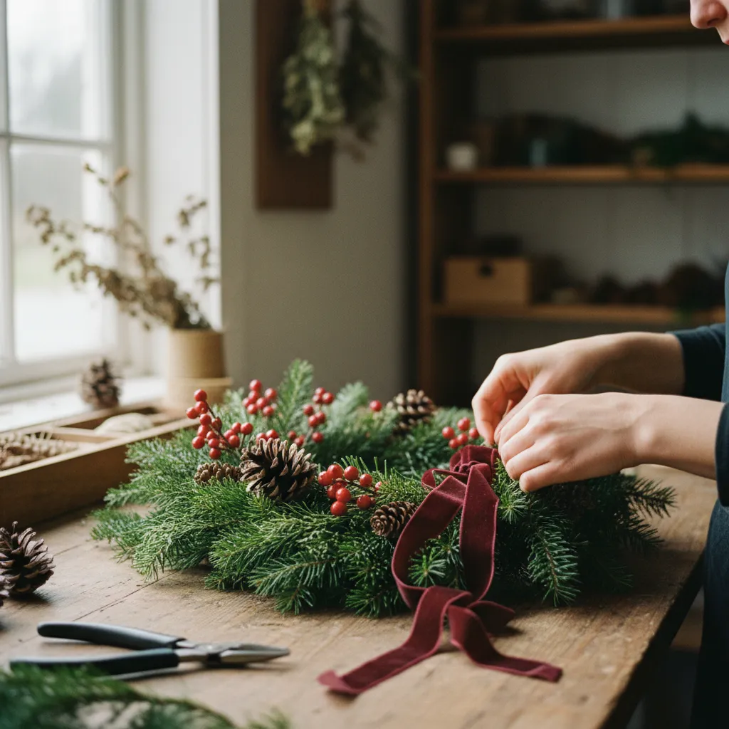Fabrication artisanale d'une couronne de Noël en branches de sapin et pommes de pin