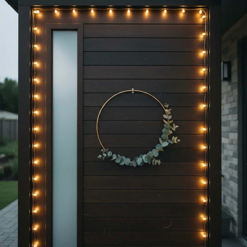 Guirlande LED blanc chaud et cercle minimaliste doré sur une porte d'entrée moderne