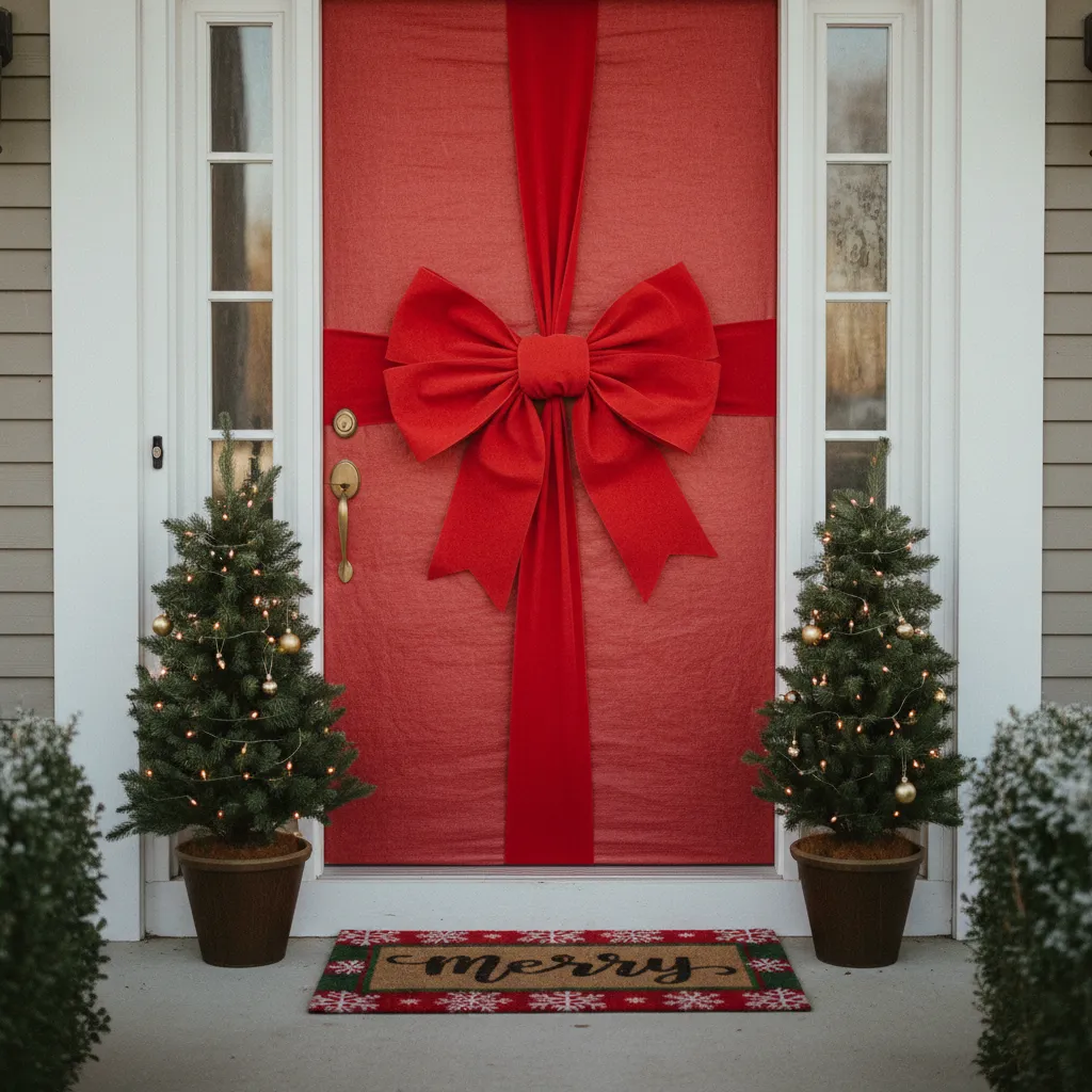 Porte d'entrée transformée en cadeau géant avec nœud décoratif XXL rouge