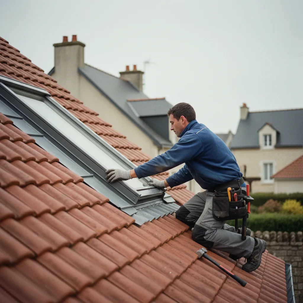 Pose d'un raccord d'étanchéité Velux sur une toiture en tuiles mécaniques