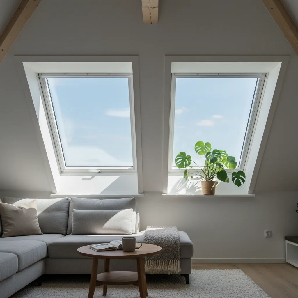 Double fenêtre de toit Velux en polyuréthane blanc dans un séjour sous combles