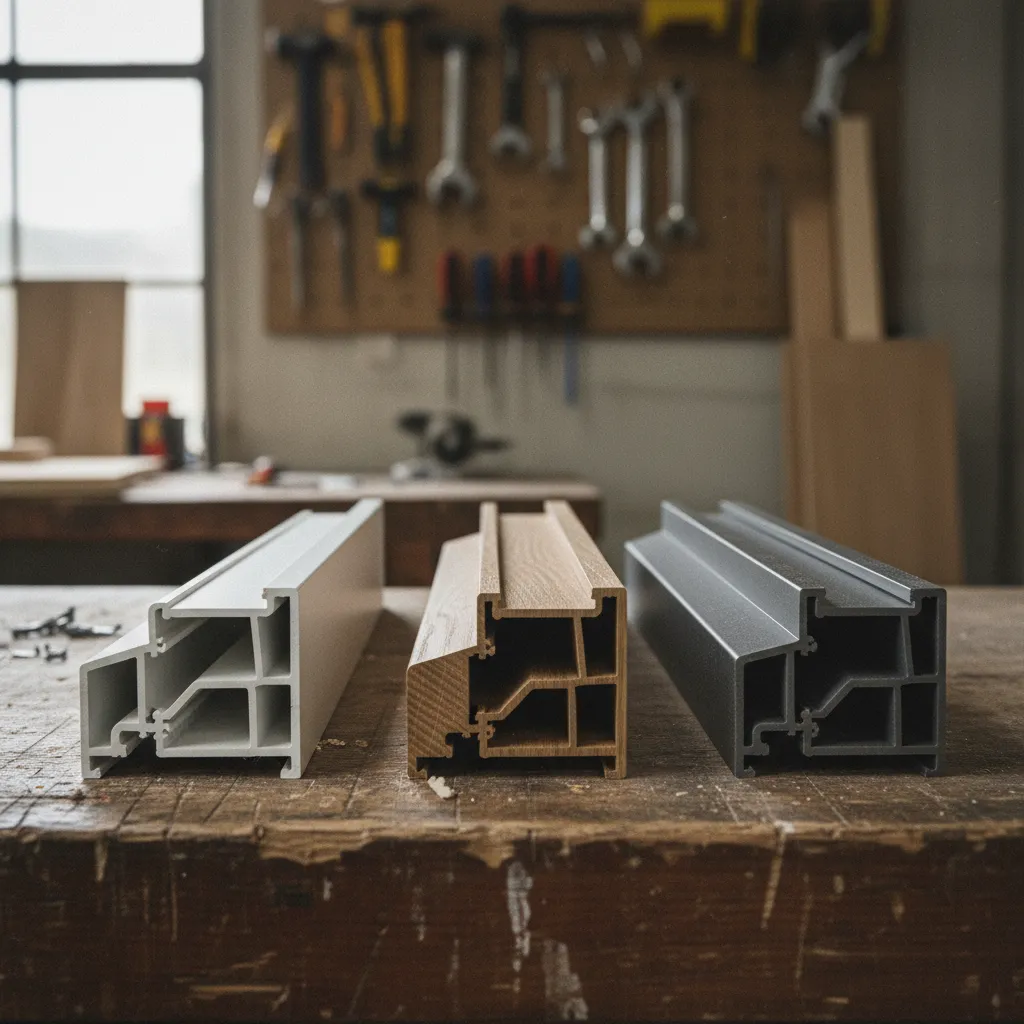 Profilés PVC, bois et aluminium côte à côte pour comparaison des matériaux