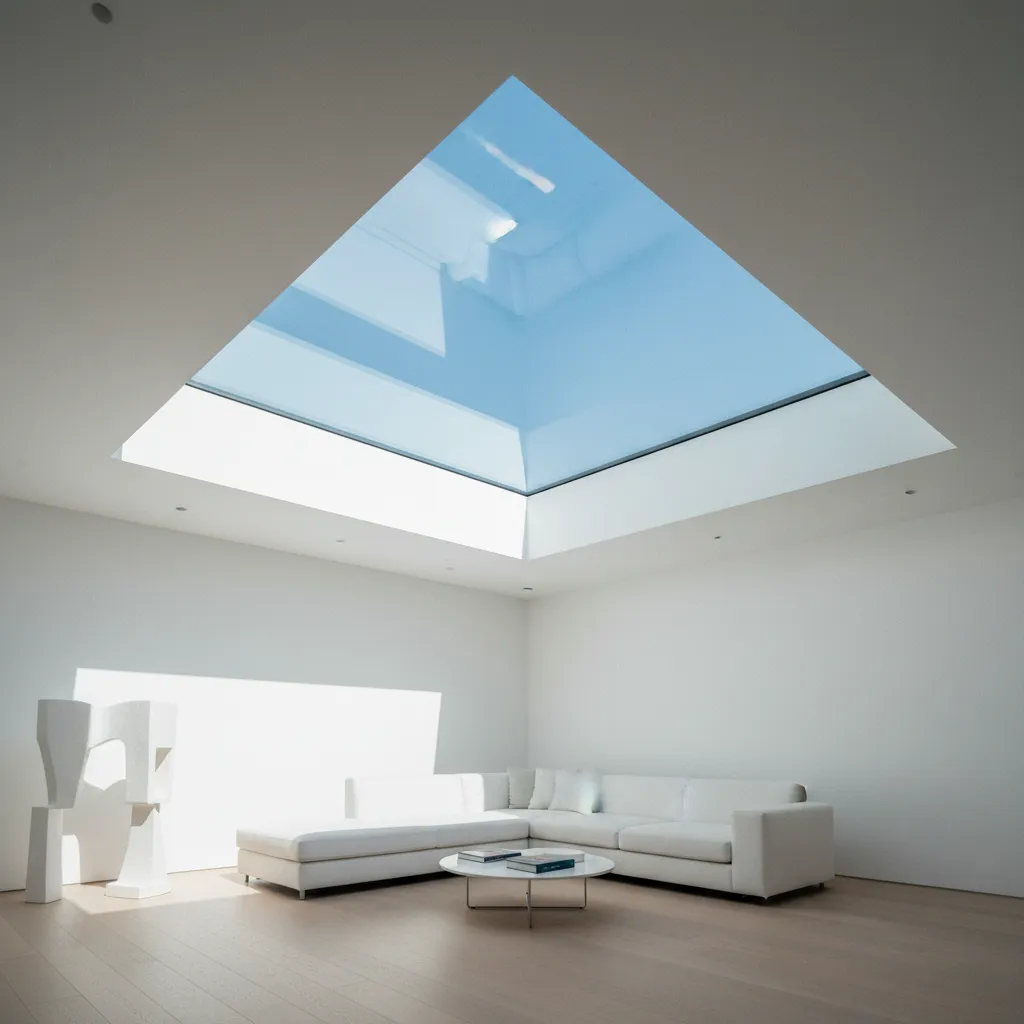 Vue intérieure d'une pièce de vie éclairée par une fenêtre de toit plat zénithale