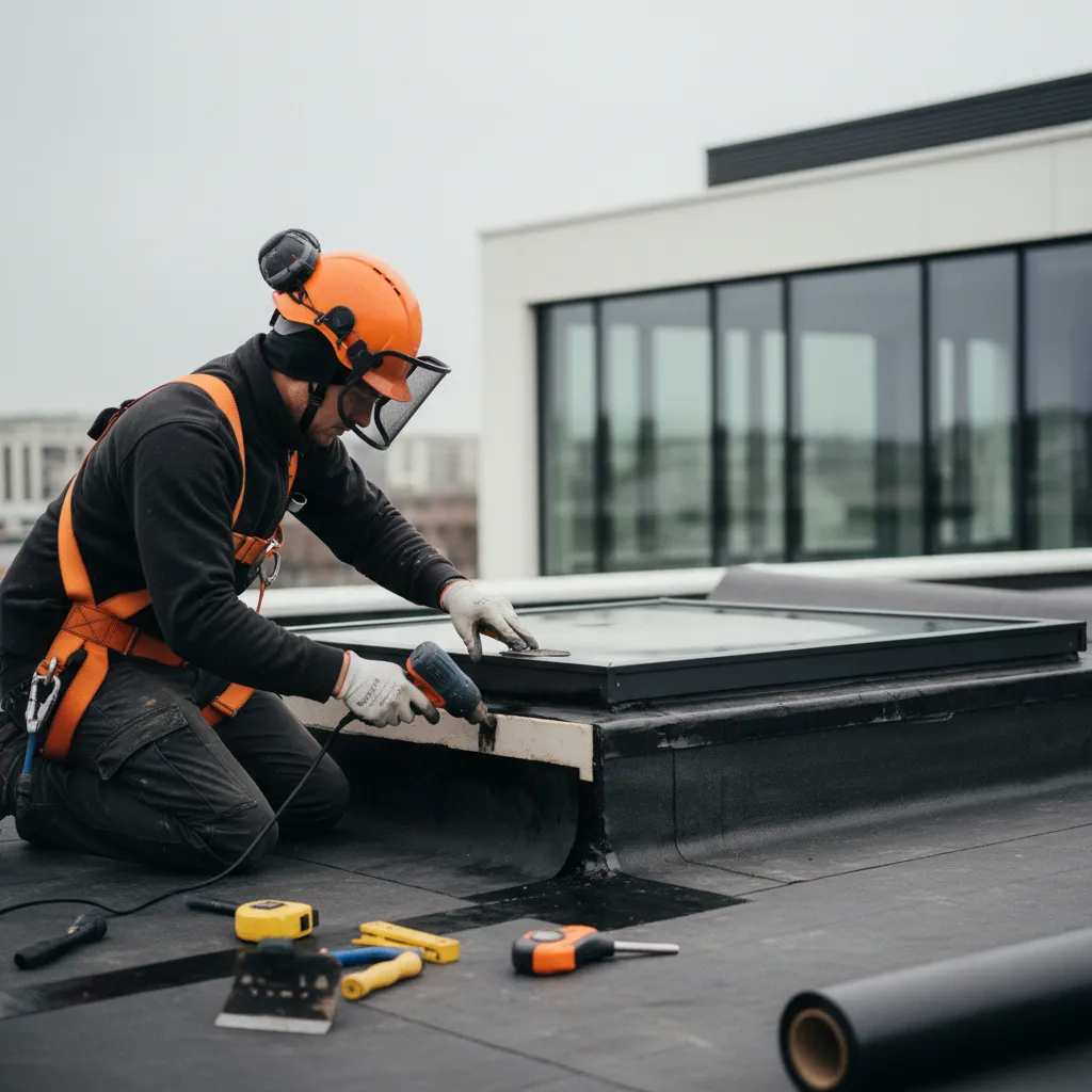 Pose professionnelle d'une fenêtre toit plat avec raccordement d'étanchéité sur costière