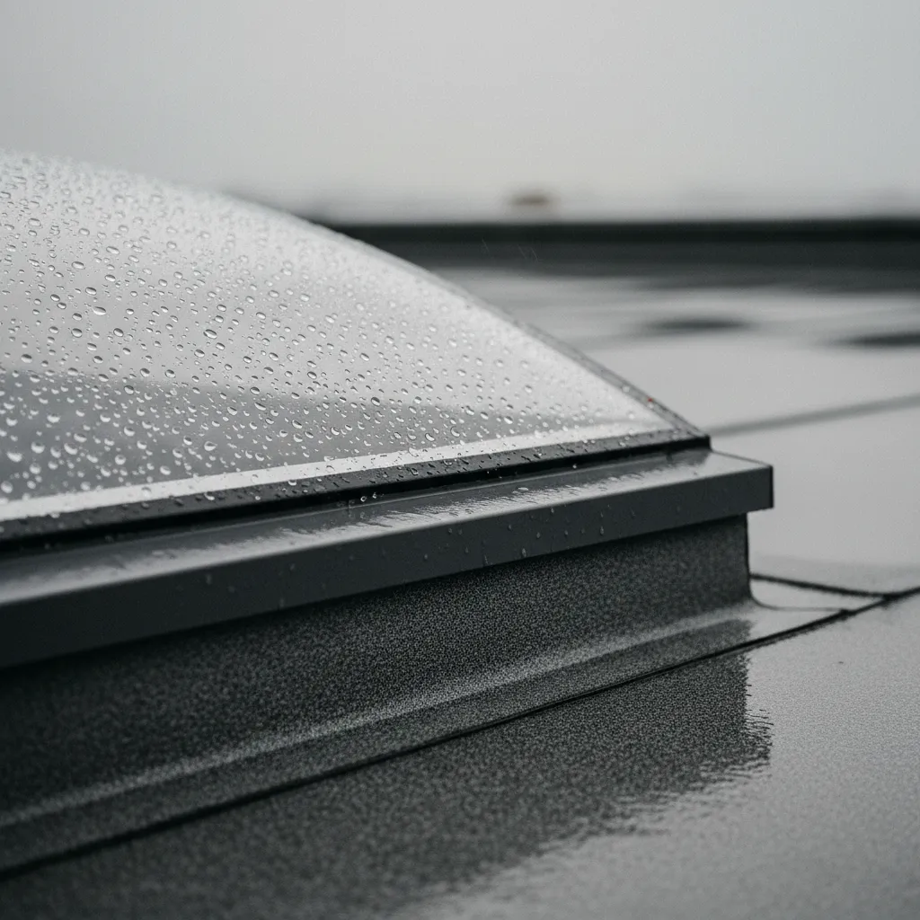 Détail du dôme en verre d'une fenêtre toit plat Velux sous la pluie
