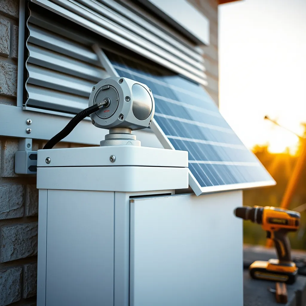 Détail du moteur solaire et du panneau photovoltaïque intégré au coffre du volet