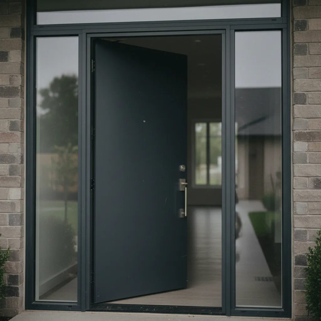 Porte d'entrée neuve installée avec des finitions soignées autour du dormant