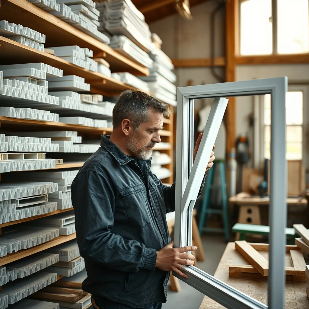 Atelier de menuiserie PVC avec profilés et outils professionnels