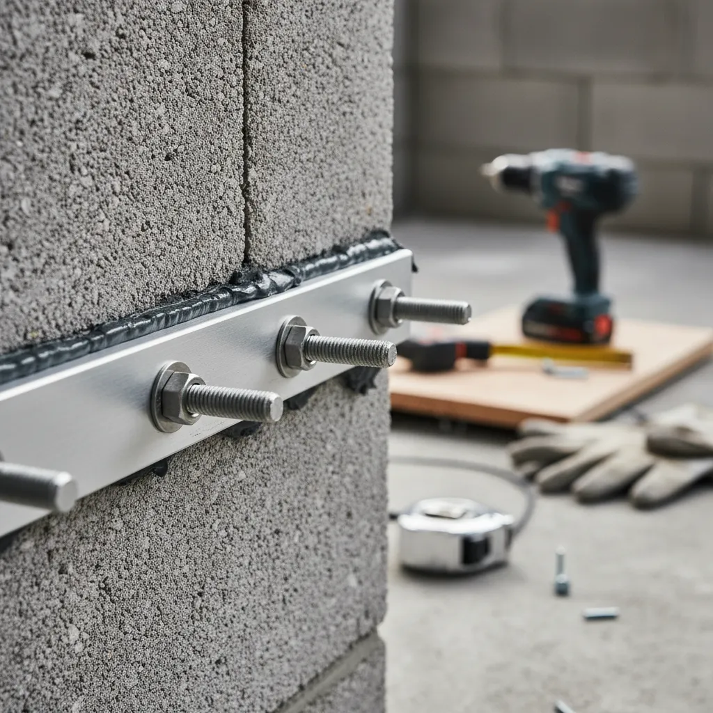 Fixation du profil mural de la pergola adossée avec goujons inox sur mur porteur