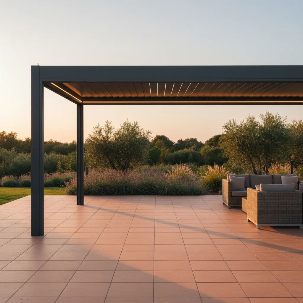 Lames orientables à mi-course projetant des ombres sur la terrasse en fin de journée