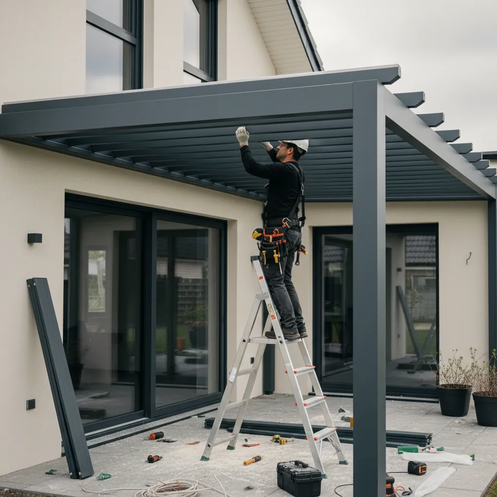Installation des lames orientables sur la structure porteuse de la pergola