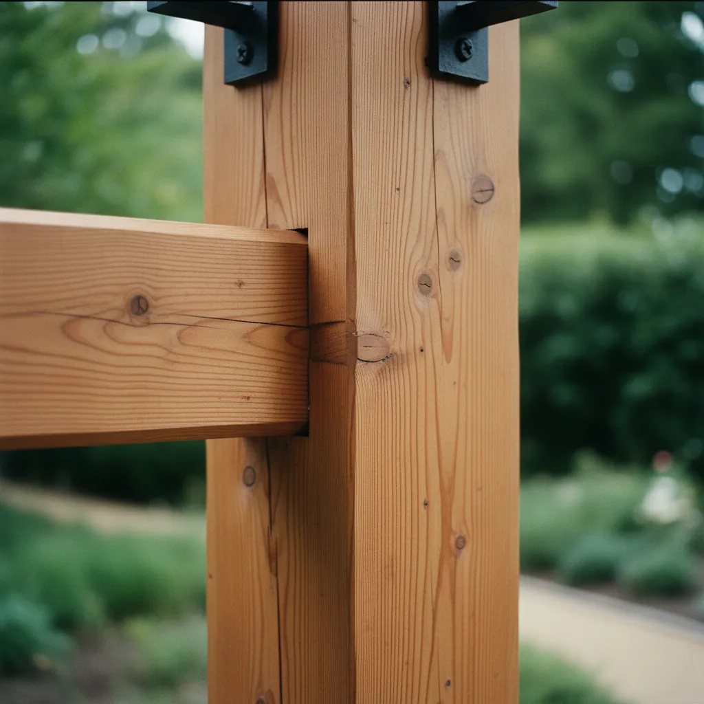 Détail d'un assemblage poteau-poutre en douglas sur une pergola bioclimatique