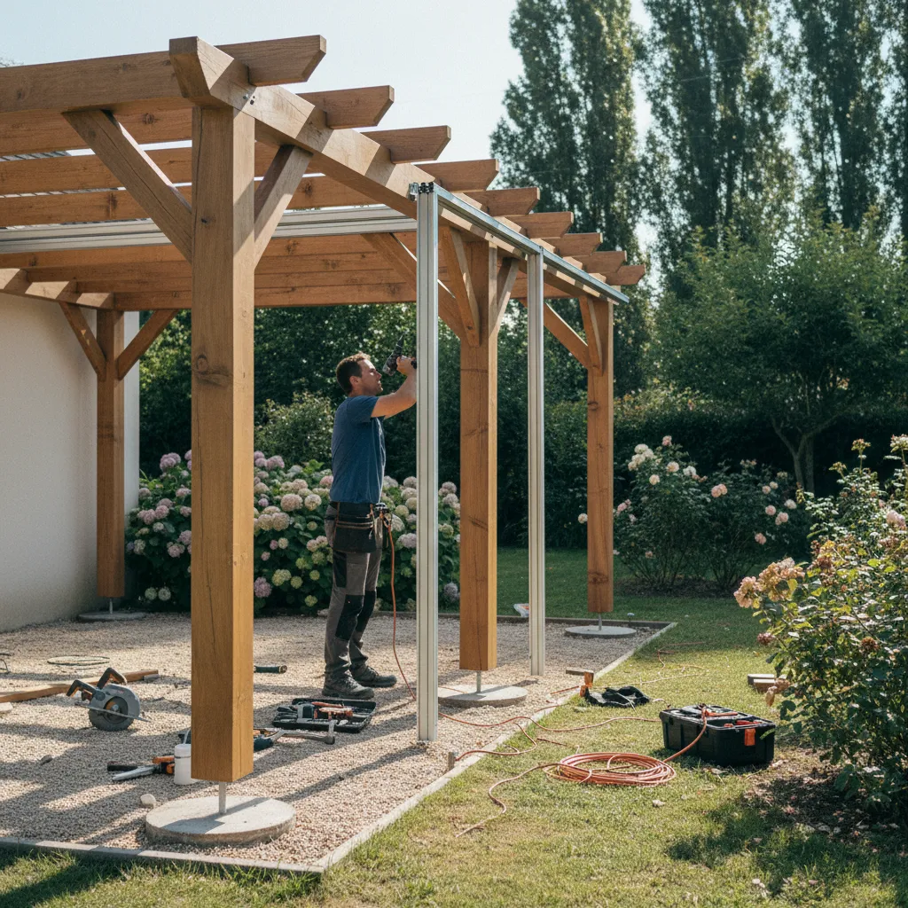 Chantier d'installation d'une pergola bois bioclimatique avec mise en place des traverses aluminium