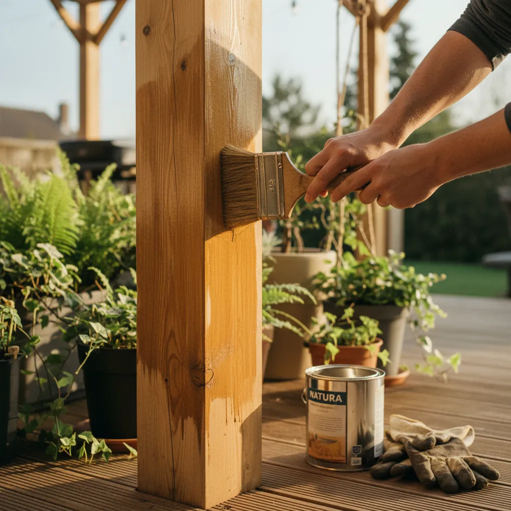 Application d'un saturateur sur un poteau de pergola en mélèze pour protéger le bois