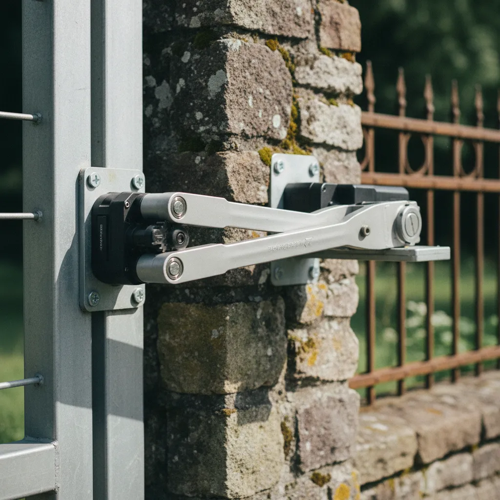 Motorisation à bras articulés fixée sur un pilier de portail aluminium