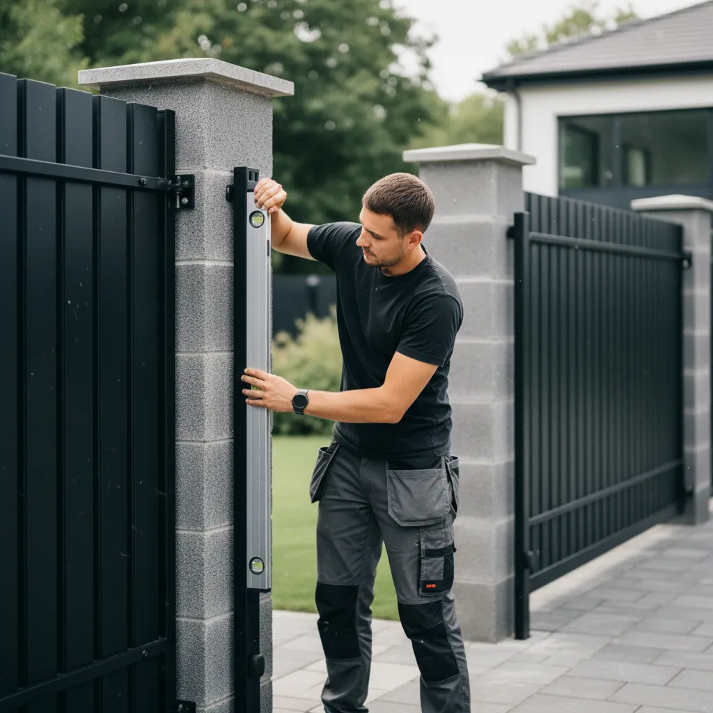 Pose professionnelle d'un vantail de portail aluminium battant sur ses gonds