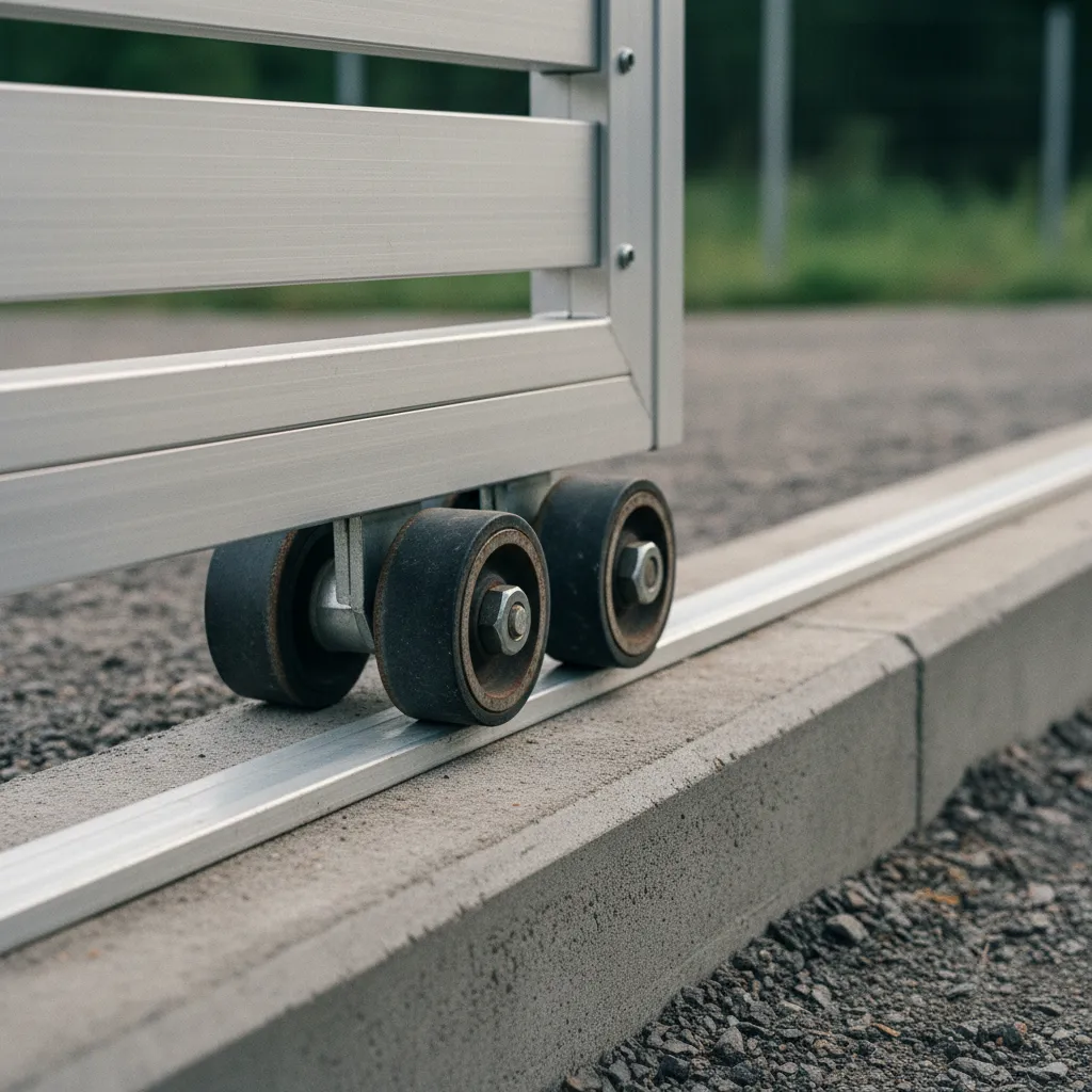 Détail du rail au sol et des galets porteurs d'un portail coulissant aluminium