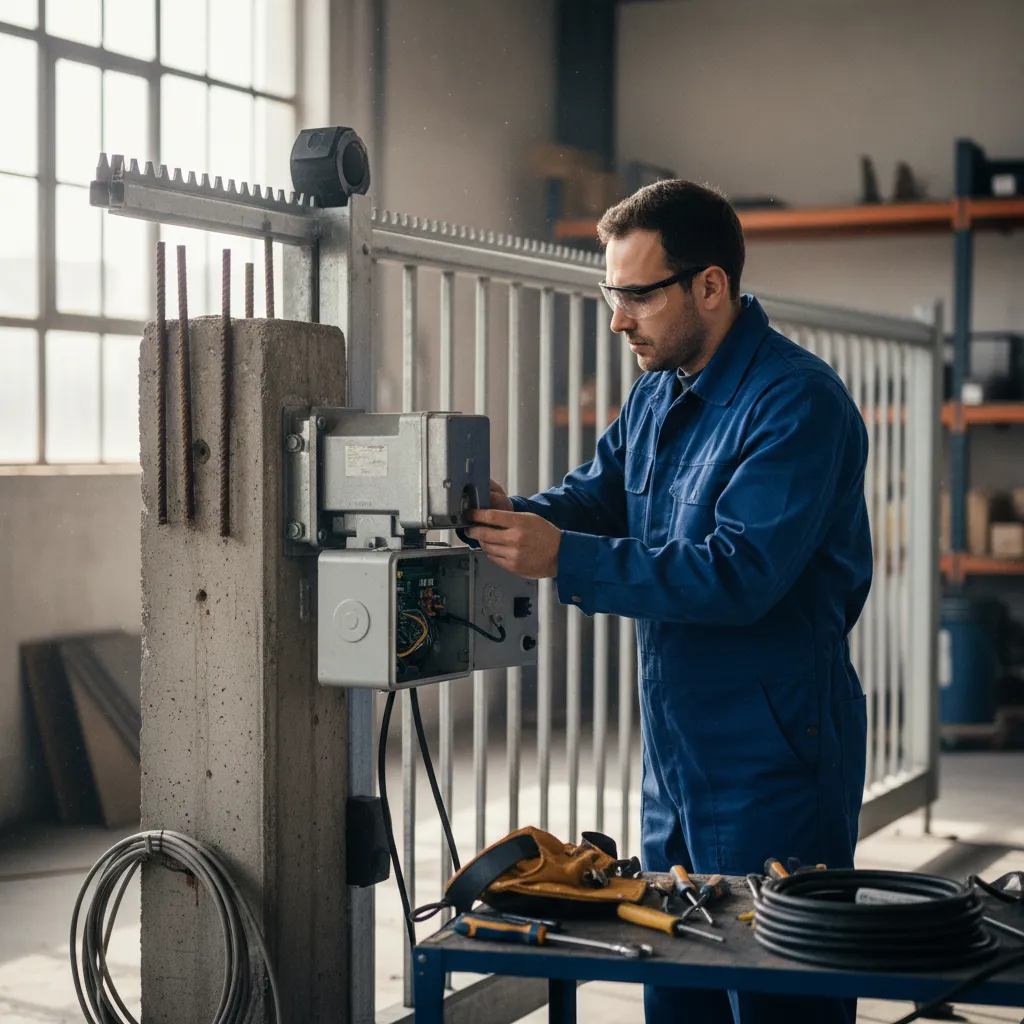 Installation du moteur et de la crémaillère sur un portail coulissant motorisé