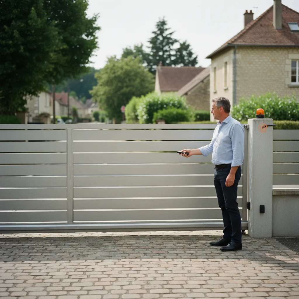 Commande à distance d'un portail aluminium coulissant avec feu clignotant de signalisation