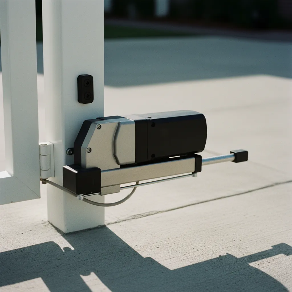 Moteur à bras articulé installé sur un pilier de portail aluminium battant