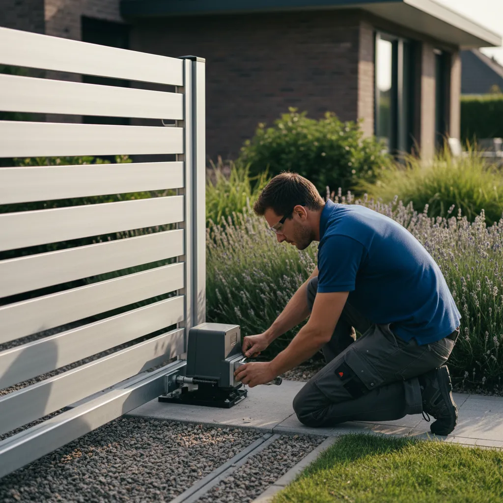 Mise en service d'un portail coulissant aluminium motorisé sur rail au sol