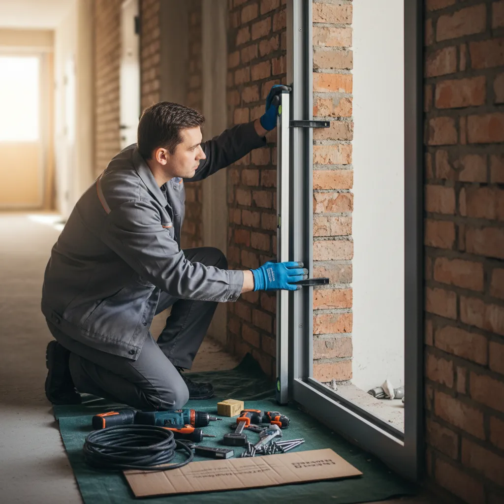 Installateur professionnel vérifiant l'aplomb du bâti acier lors de la pose d'une porte blindée