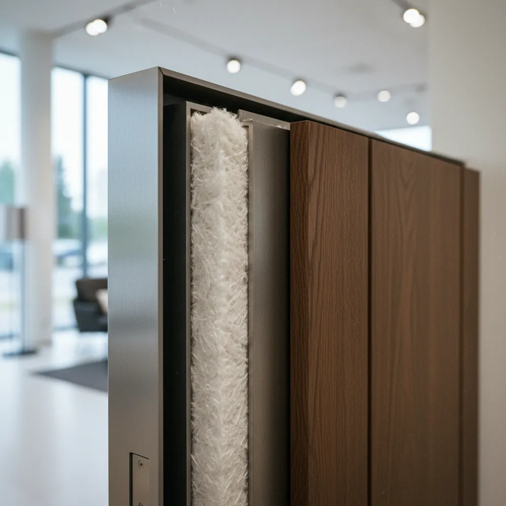 Coupe transversale d'un bloc-porte blindé montrant les différentes couches de protection et d'isolation