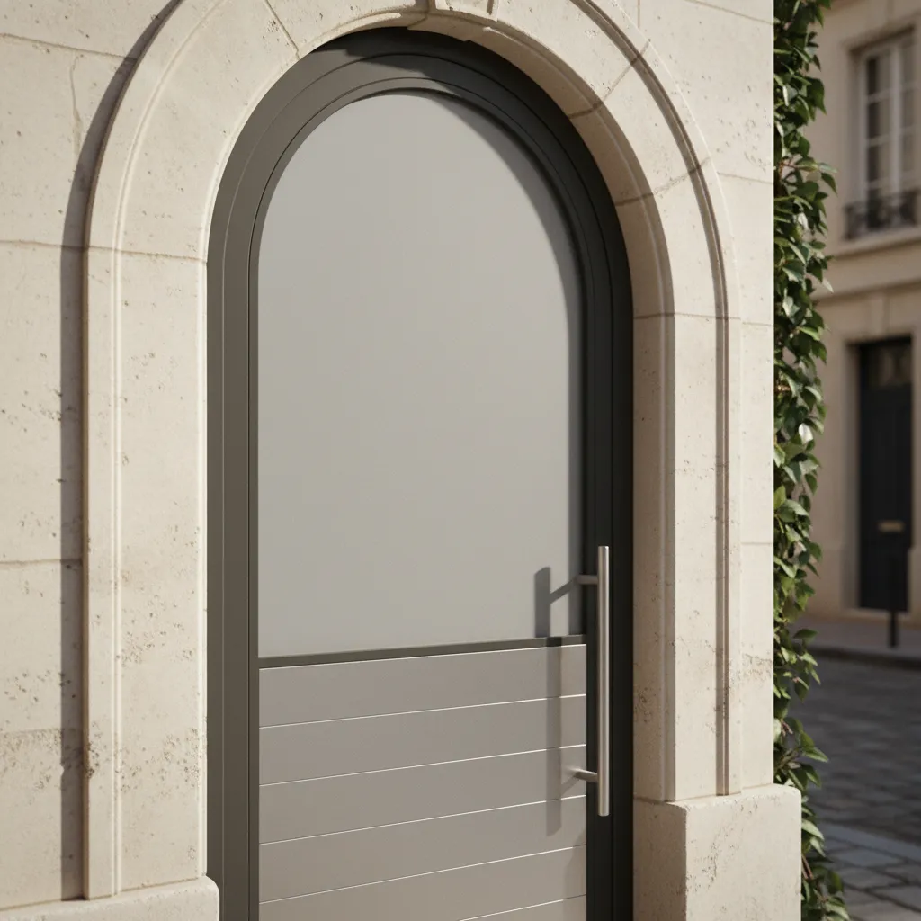 Porte d'entrée cintrée en aluminium avec vitrage sablé sur une maison rénovée