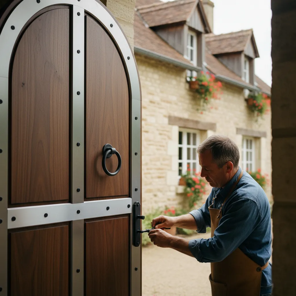 Pose et réglage d'une porte cintrée mixte bois-aluminium par un menuisier professionnel