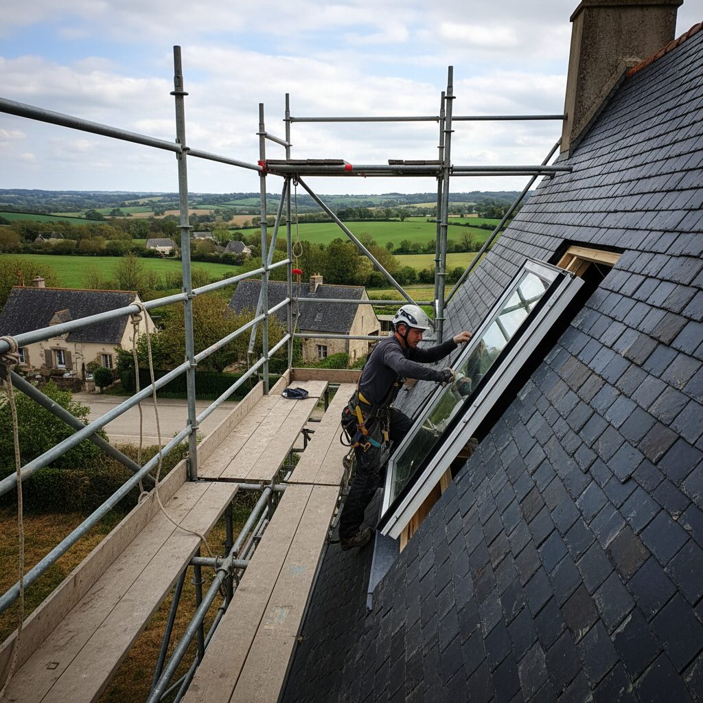 La pose d'une fenêtre de toit nécessite une découpe précise de la charpente et une étanchéité sans faille.
