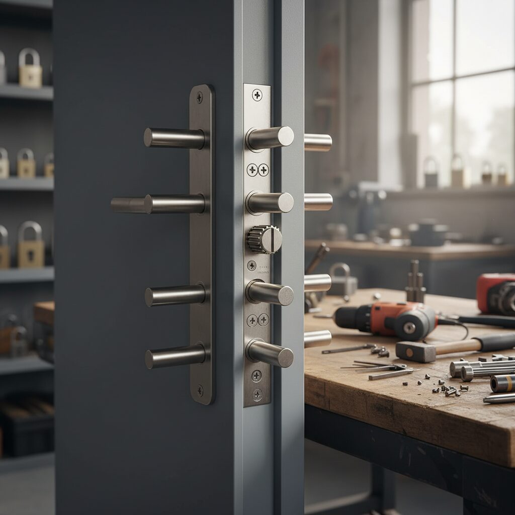 La serrure multipoints est le premier rempart de sécurité sur une porte de service de garage.