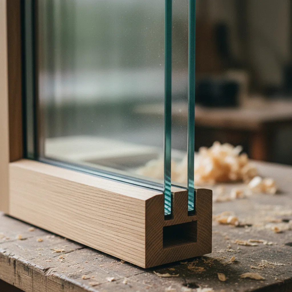 Coupe d'un châssis bois avec double vitrage à isolation thermique renforcée