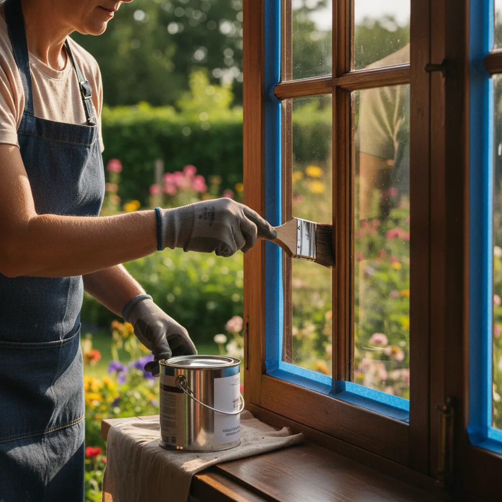 Application de lasure sur un châssis de fenêtre bois lors de l'entretien périodique