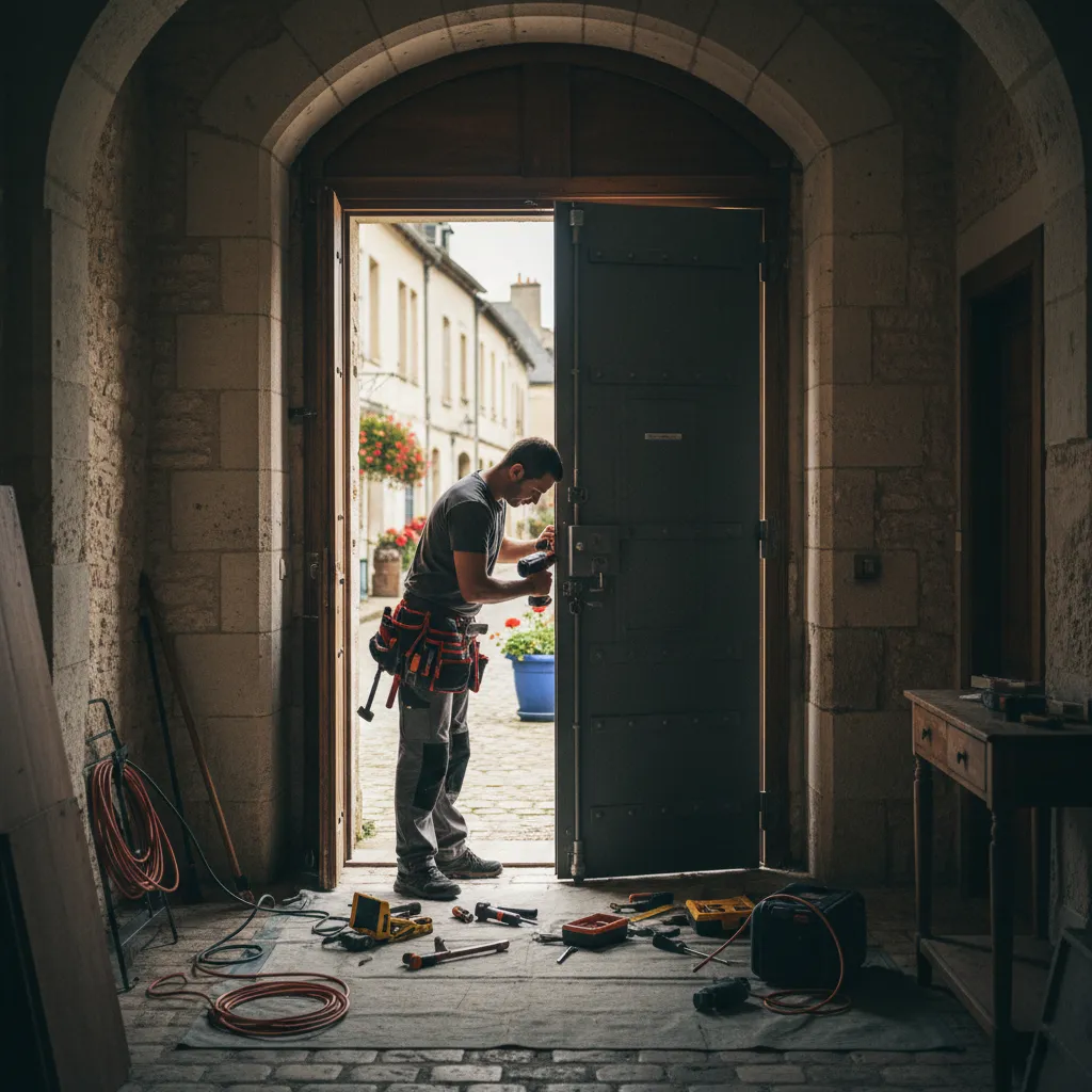 Artisan serrurier posant un bloc-porte blindé dans l'entrée d'une maison