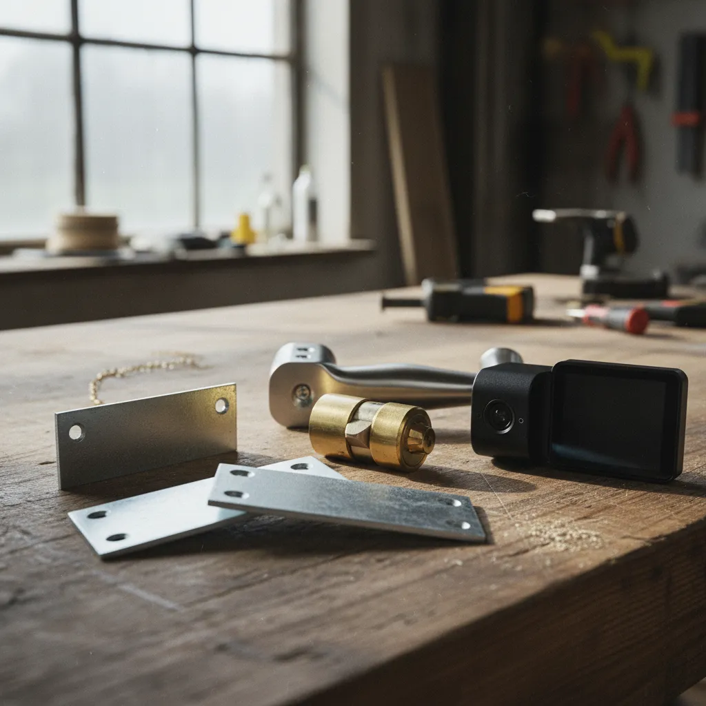 Accessoires de sécurité pour porte d'entrée : cornières, cylindre haute sécurité, judas numérique et poignée blindée