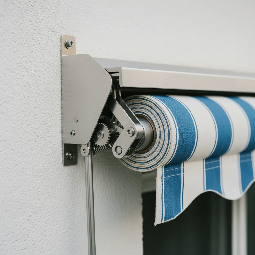 Détail du mécanisme de bras articulé et du coffre en aluminium d'un store banne semi-coffre