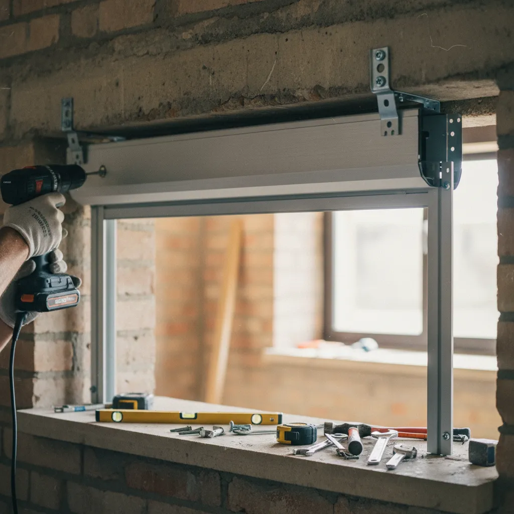 Détail du coffre de rénovation fixé sous le linteau avec les coulisses latérales