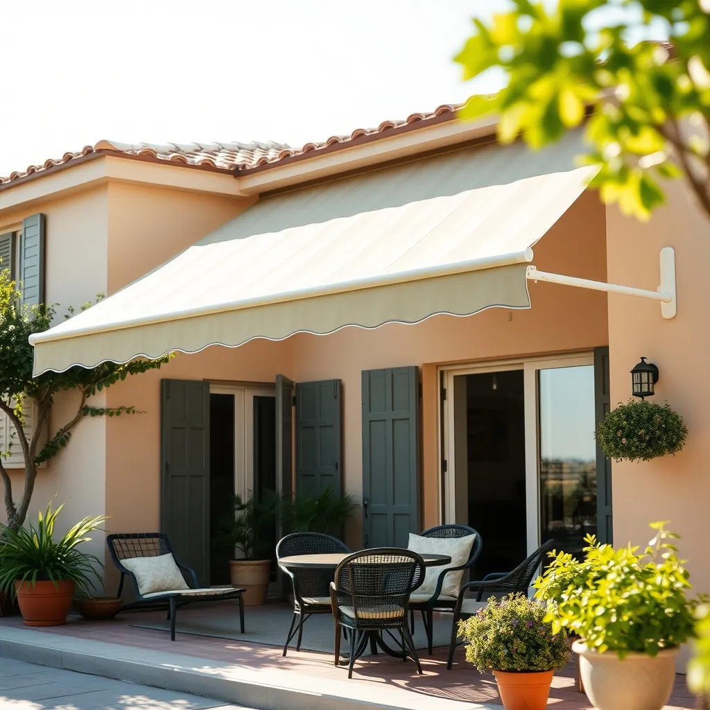 Store banne à coffre intégral déployé au-dessus d'une terrasse en été