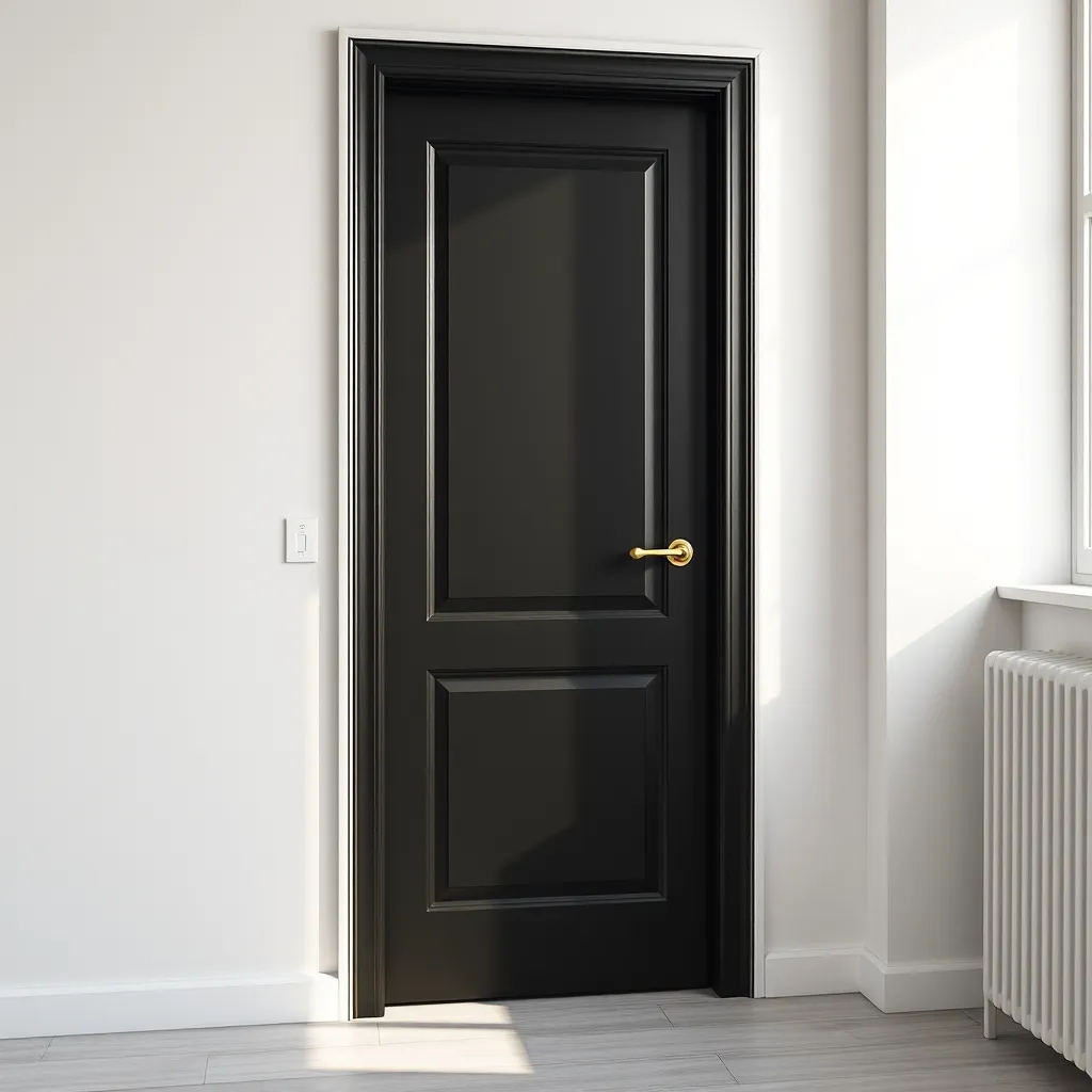 Détail d'une porte intérieure noire mate avec poignée en laiton brossé