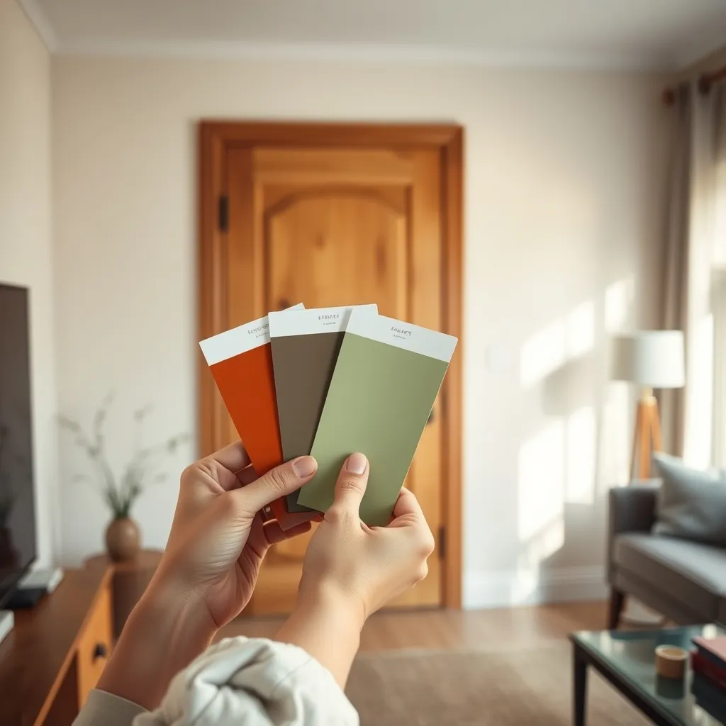 Comparaison d'échantillons de couleur terracotta et vert sauge sur une porte intérieure
