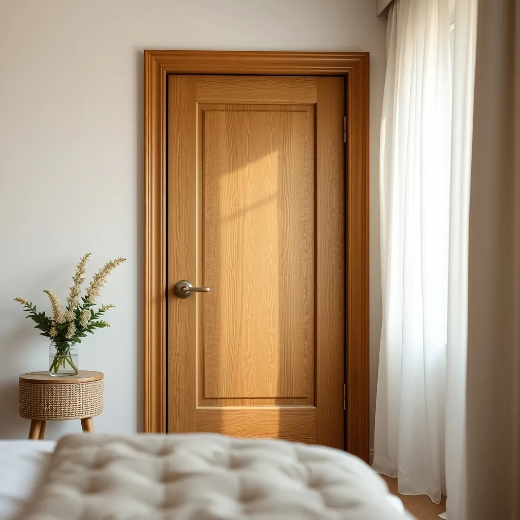 Porte intérieure en chêne naturel verni dans une chambre contemporaine