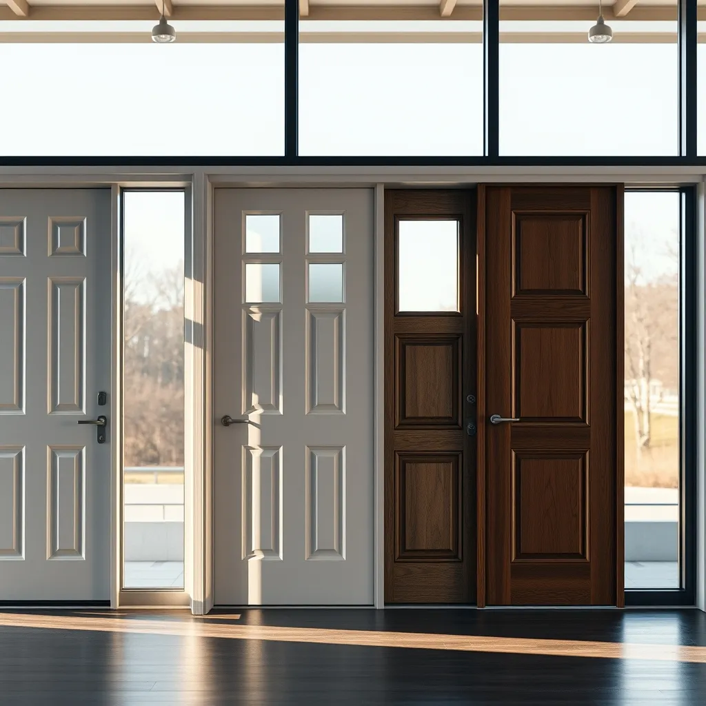 Comparatif visuel des matériaux disponibles pour une porte d'entrée : PVC, aluminium, bois et composite