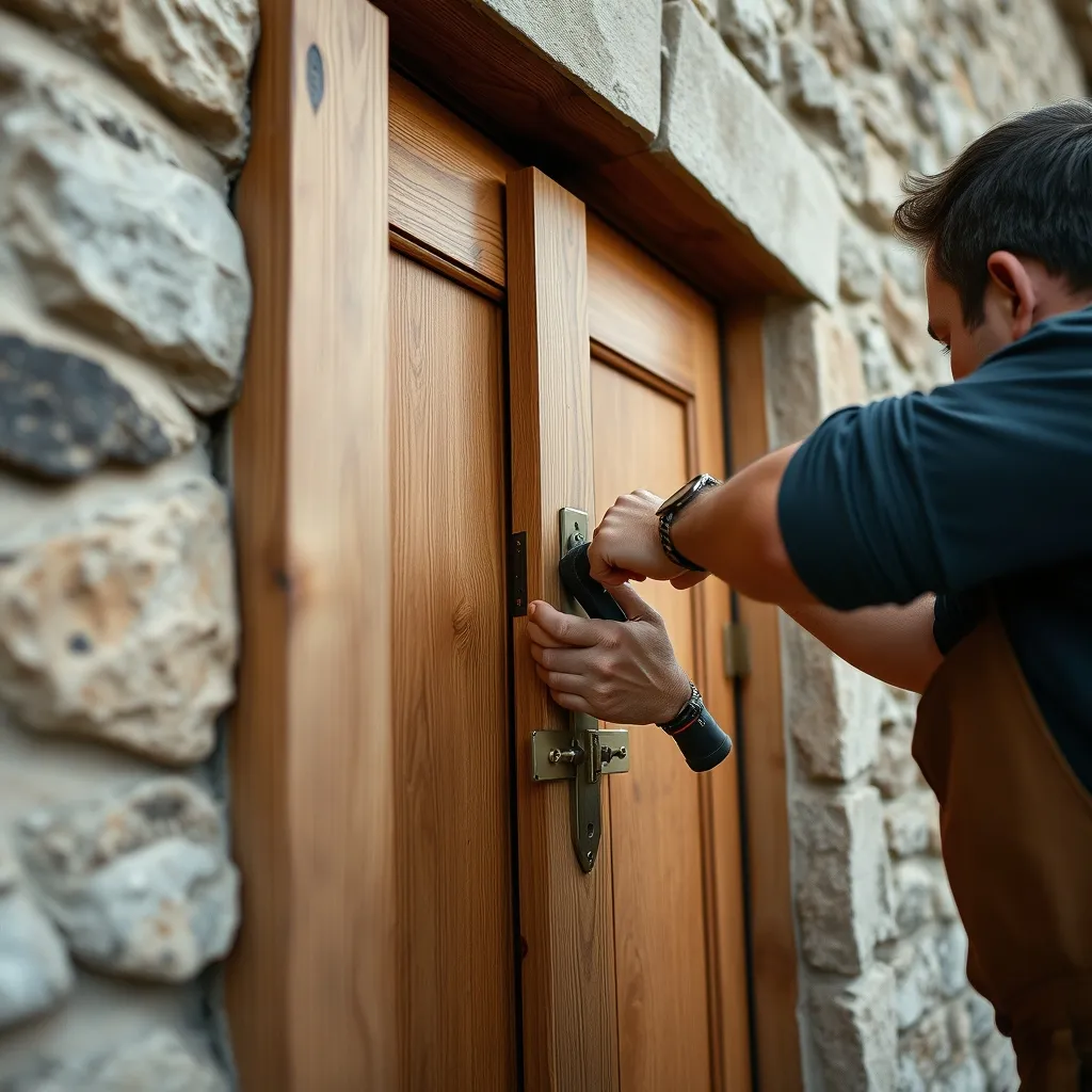 Pose professionnelle d'une porte d'entrée en bois sur une maison traditionnelle