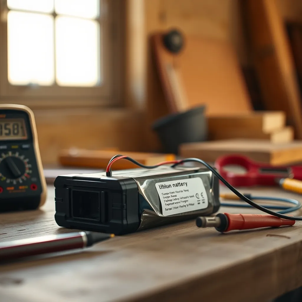 Batterie lithium-ion de volet roulant solaire posée sur un établi à côté d'un multimètre