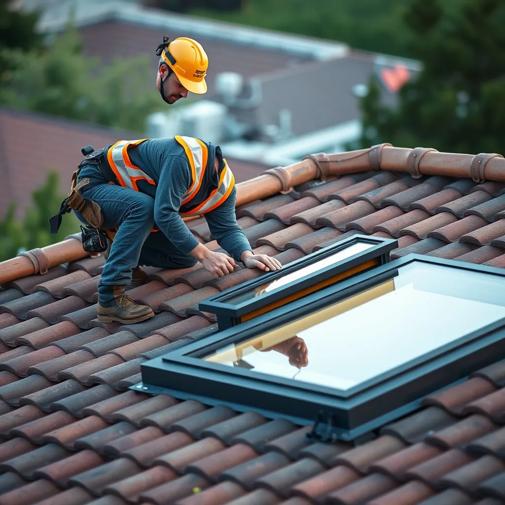 Artisan posant le raccord d'étanchéité d'une fenêtre de toit fixe sur couverture en tuiles