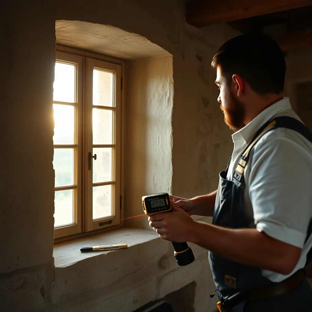 Prise de cotes au laser pour une fenêtre sur mesure dans une maison ancienne