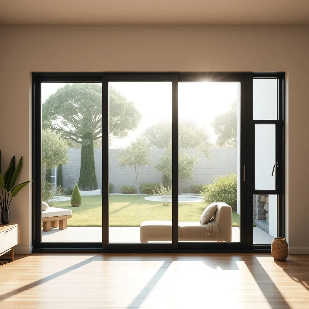 Baie coulissante aluminium ouvrant sur un jardin méditerranéen ensoleillé