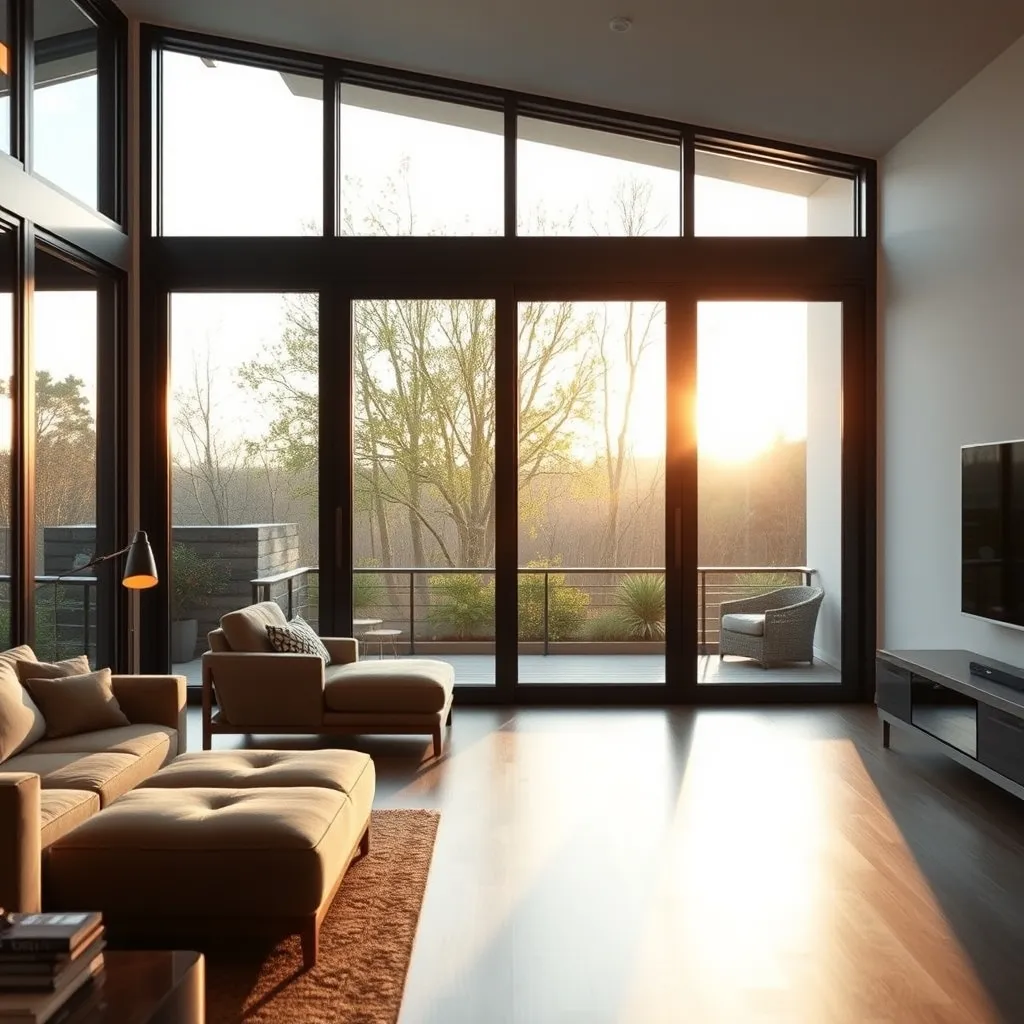 Grande baie coulissante aluminium aux profilés ultra-fins dans un salon contemporain