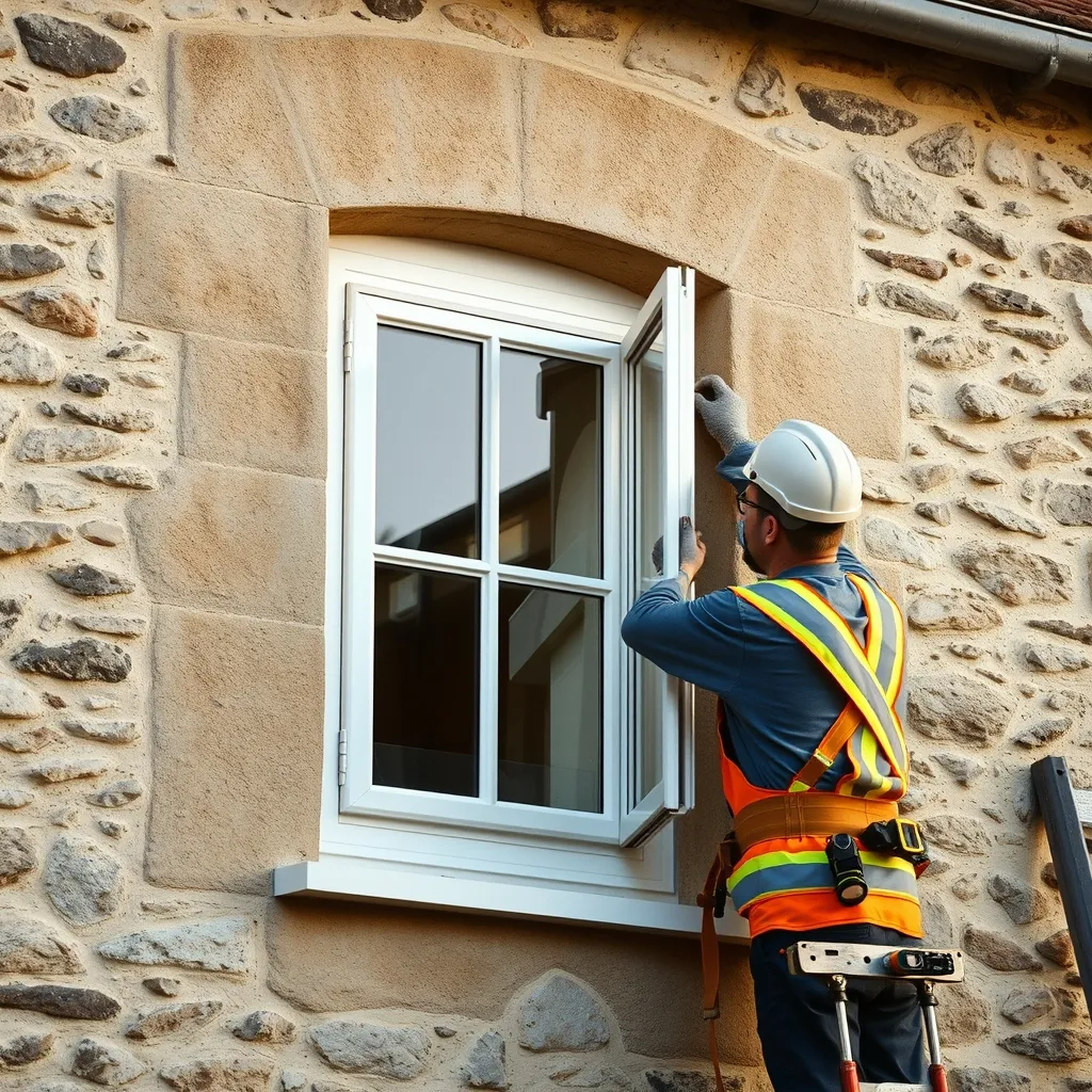 Artisan posant une fenêtre PVC double vitrage sur une maison traditionnelle en pierre